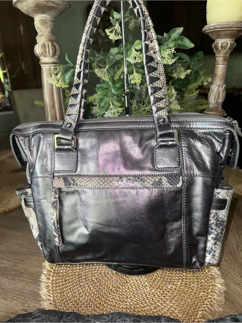 LIKE NEW Sharif Metallic Black & Snakeskin Shoulder Bag - STATEMENT PIECE - Picture 3 of 10